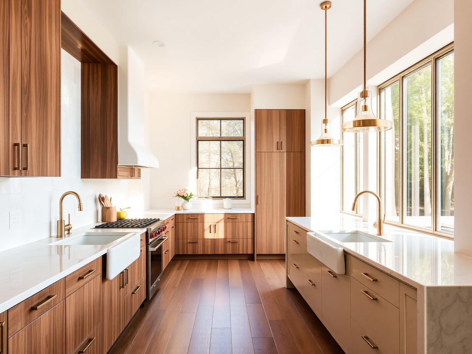 Warm, naturally lit luxury kitchen with walnut cabinetry, honed marble counters, and brass pendants