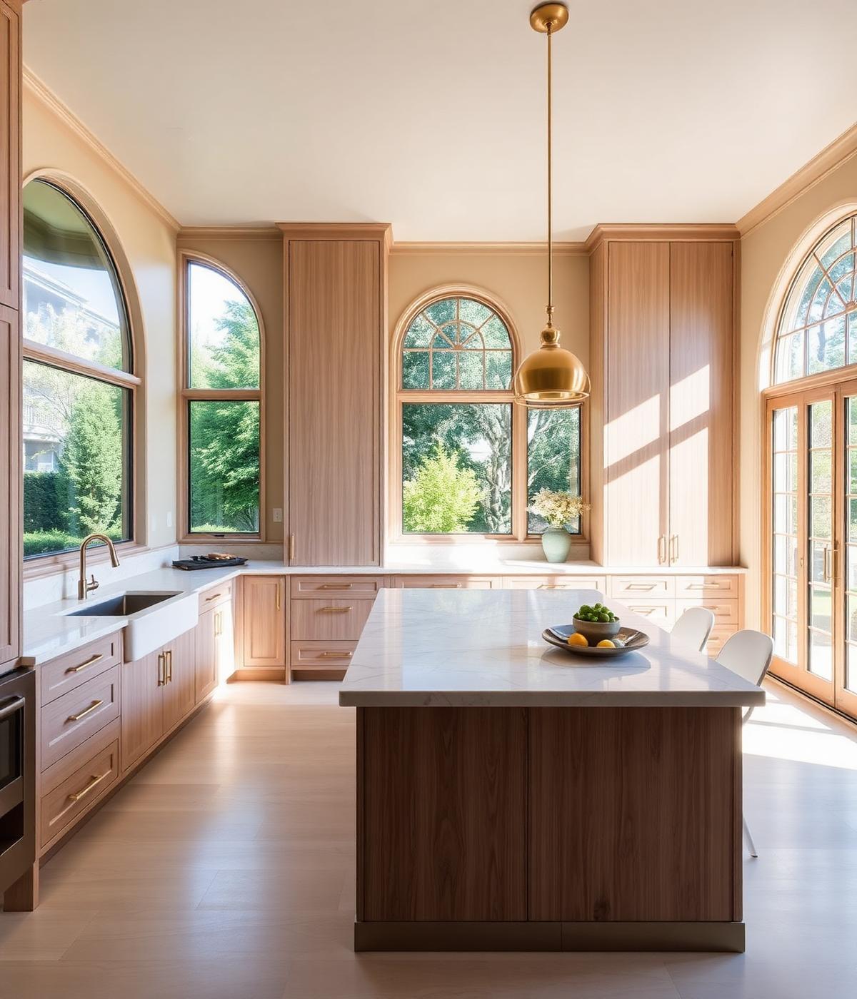 Dunthorpe estate kitchen with arched windows and honed marble island