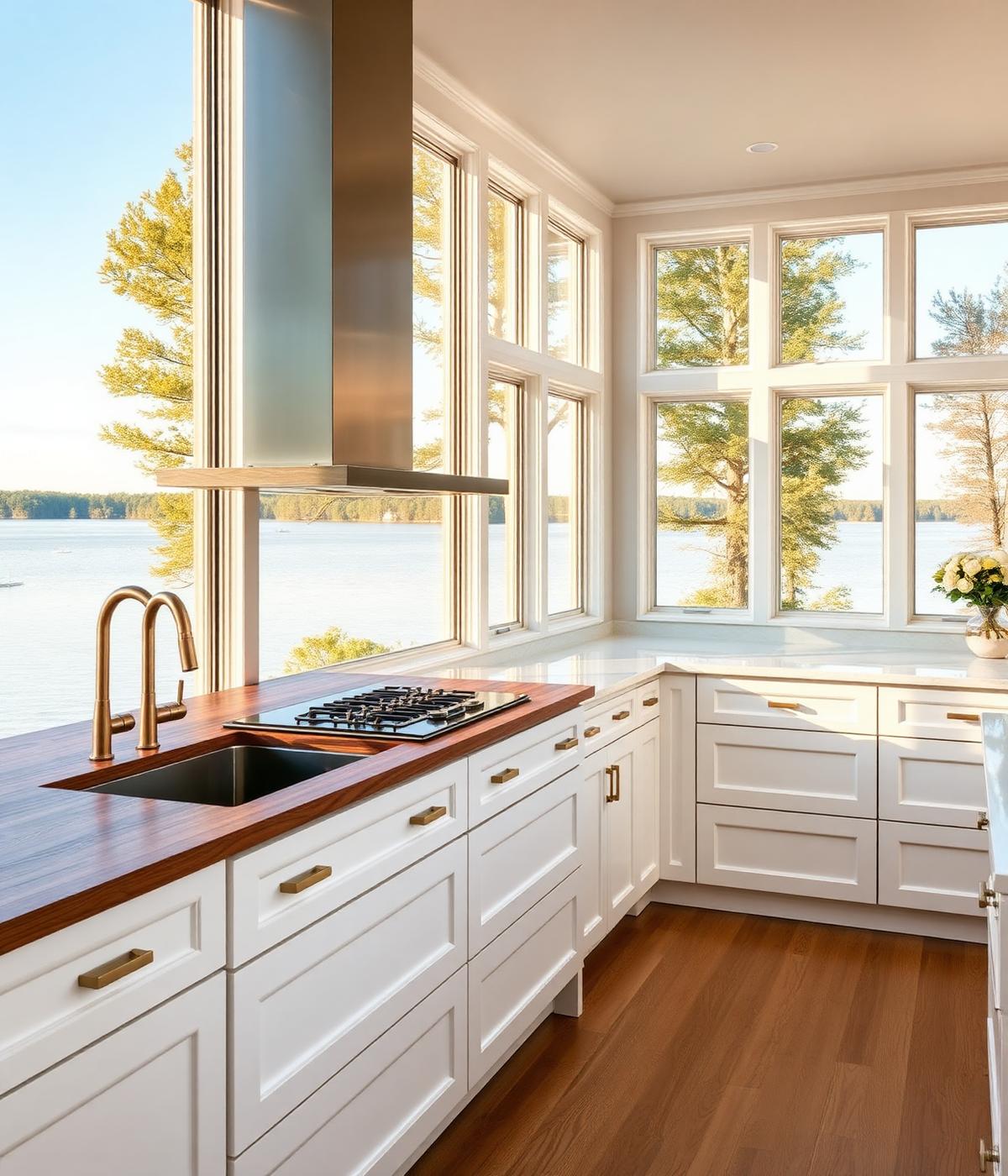 Lakefront Lake Oswego kitchen with panoramic water views and walnut counter
